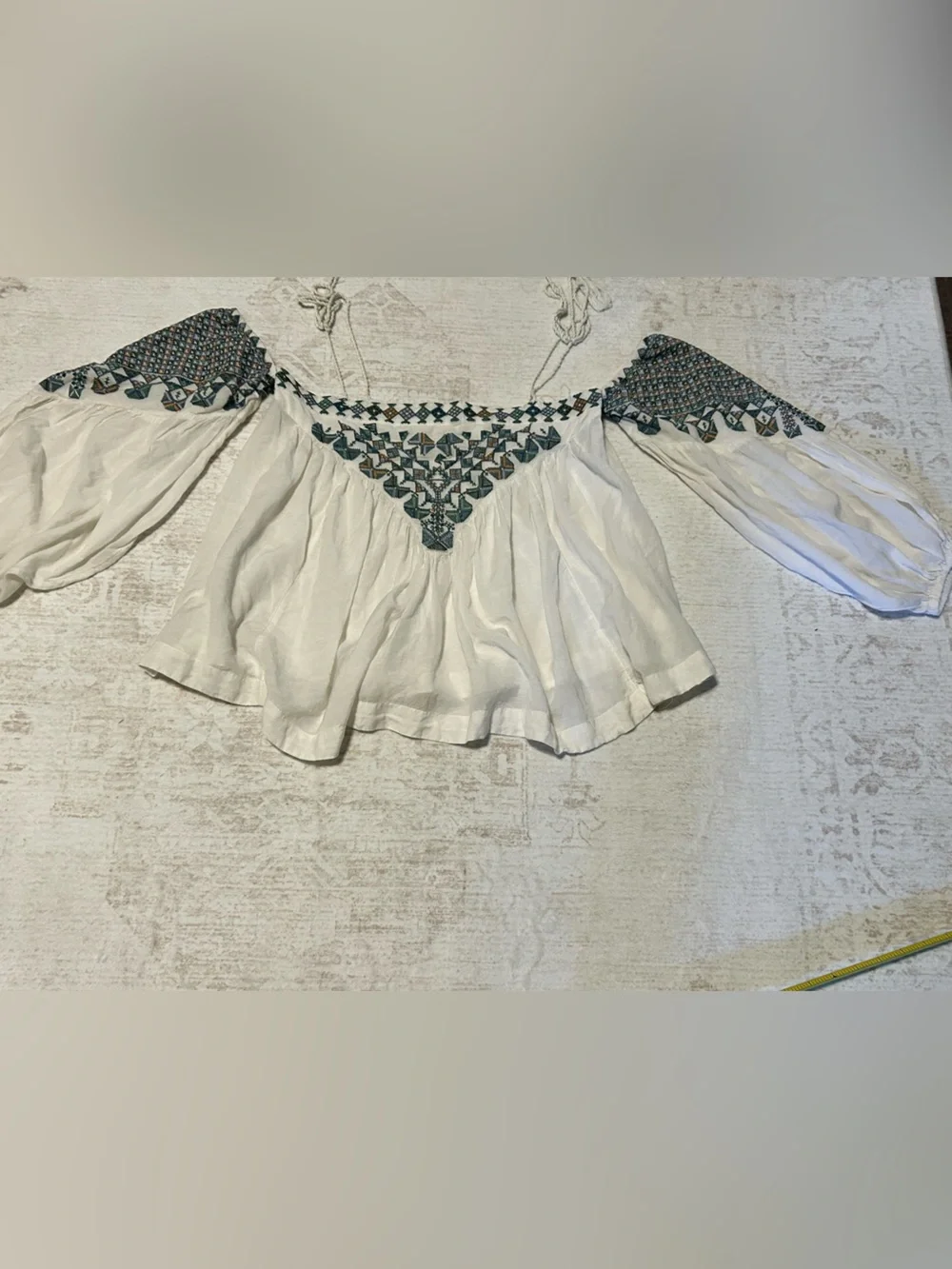 Free People Boho White Off-Shoulder Tunic with Teal Embroidery